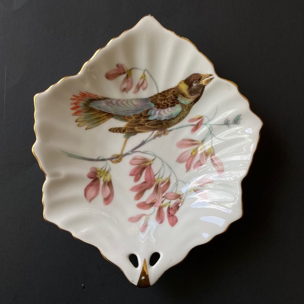 VTG Mitterteich Bavaria Germany Leaf Shape Hand Painted Bird /Floral Design Dish